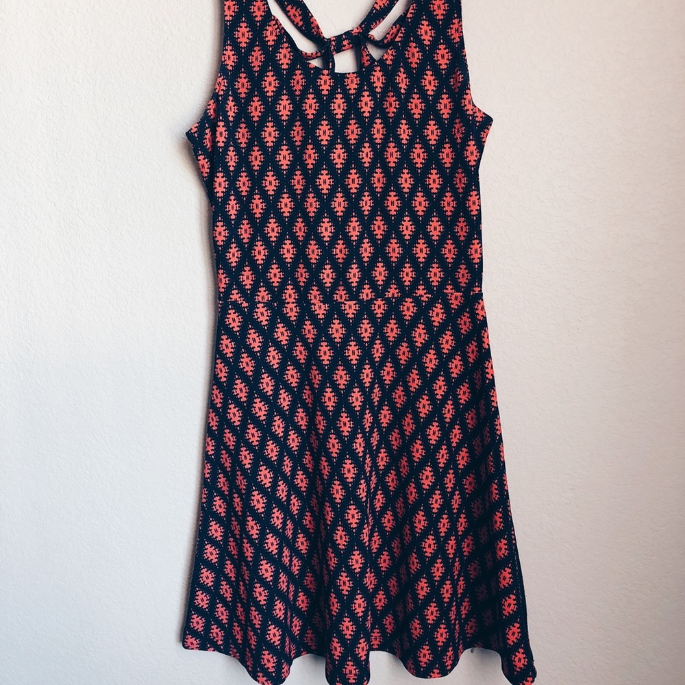 Navy & Coral Print Summer Dress